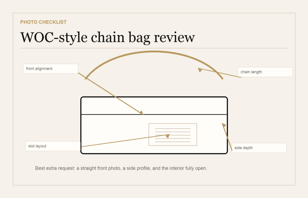 Neutral WOC-style chain bag diagram showing front alignment chain length card slots and side depth