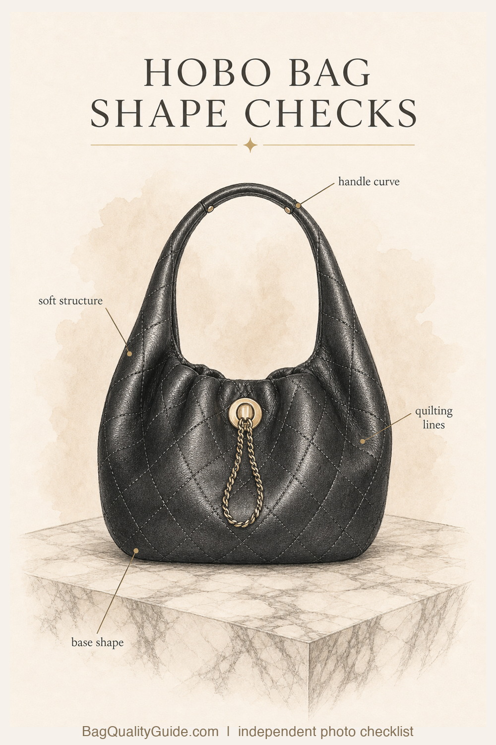 Editorial hobo bag shape checklist illustration showing curve, handle drop, side profile, and base