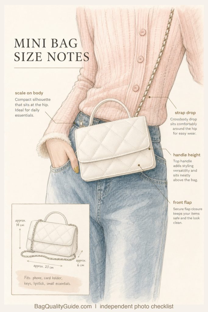 Editorial light colored mini bag photo checklist showing strap drop front flap and scale notes