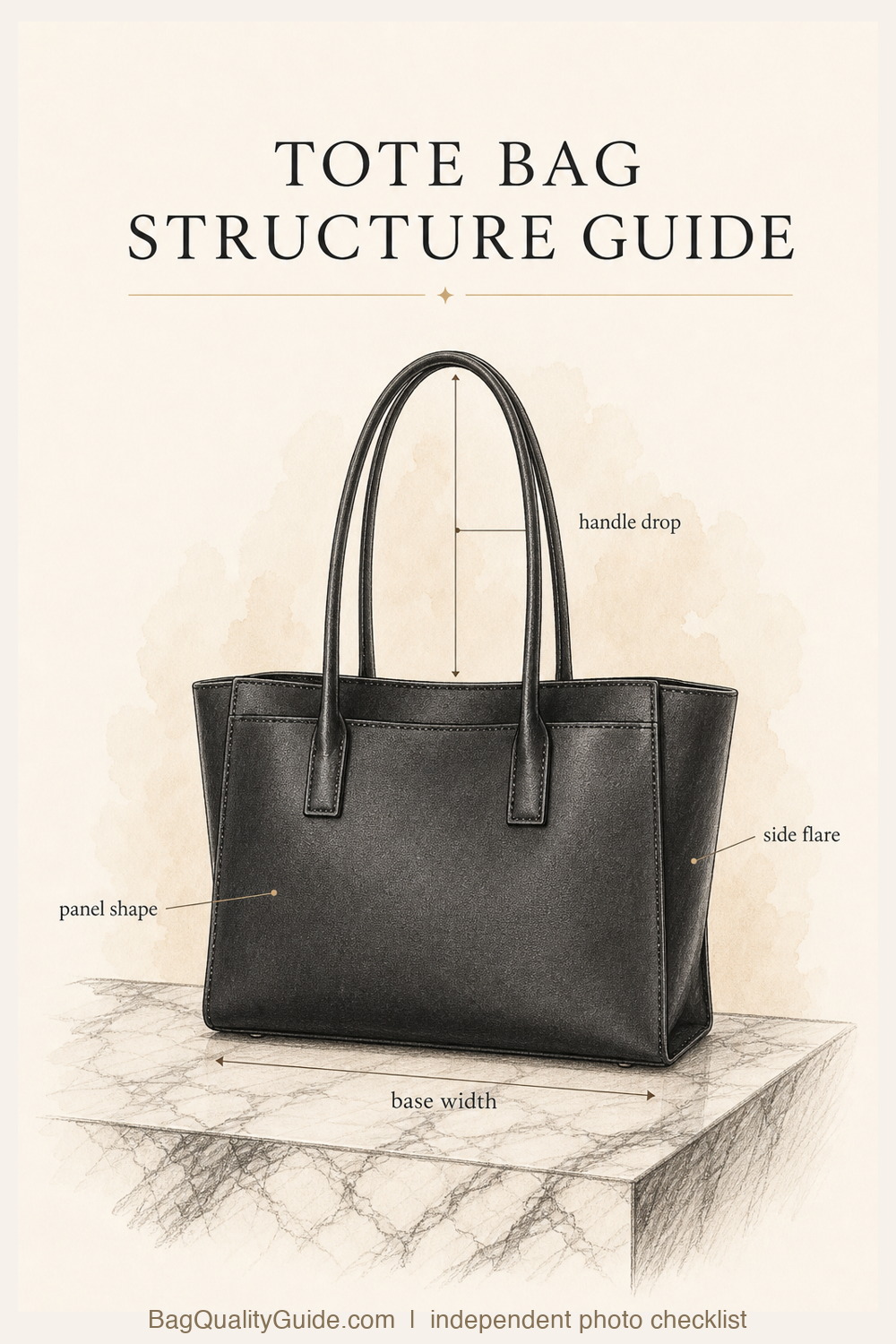 Editorial tote bag structure guide illustration showing handle roots, side profile, base, and lining